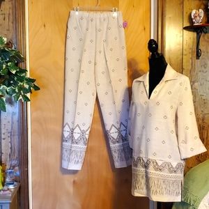 2pc Morning Side linen pant suit is beige & brown with a border print, sz 8. NWT